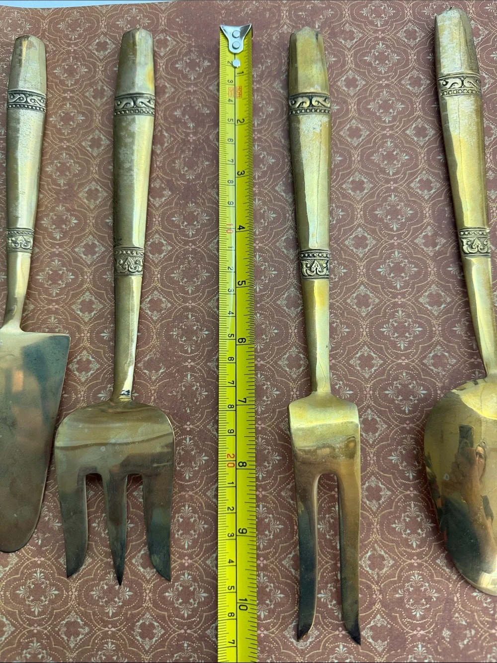 Vintage Thai Ornate Gold-Tone Serving Utensil Set of 4 Heavy MCM by Chao Phya